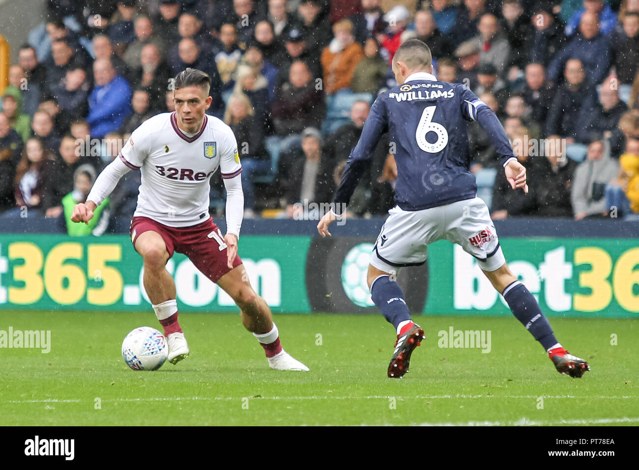 London, UK. 6th October 2018. Jack Grealish of Aston Villa in action during the EFL Sky Bet Championship match between Millwall and Aston Villa at The Den, London, England on 6 October 2018. Photo by Ken Sparks.  Editorial use only, license required for commercial use. No use in betting, games or a single club/league/player publications. Credit: UK Sports Pics Ltd/Alamy Live News Stock Photo