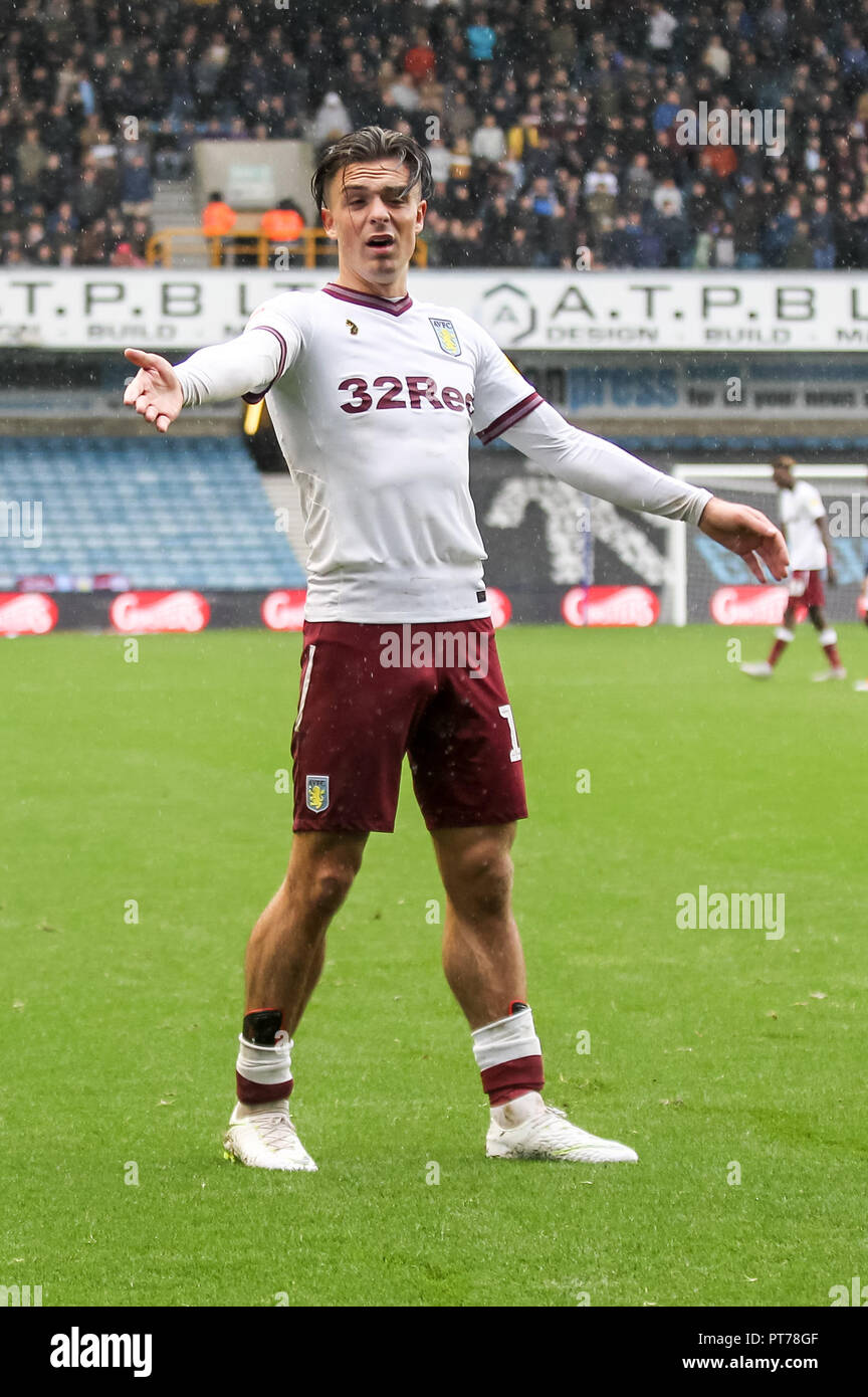 London, UK. 6th October 2018. Jack Grealish of Aston Villa during the EFL Sky Bet Championship match between Millwall and Aston Villa at The Den, London, England on 6 October 2018. Photo by Ken Sparks.  Editorial use only, license required for commercial use. No use in betting, games or a single club/league/player publications. Credit: UK Sports Pics Ltd/Alamy Live News Stock Photo