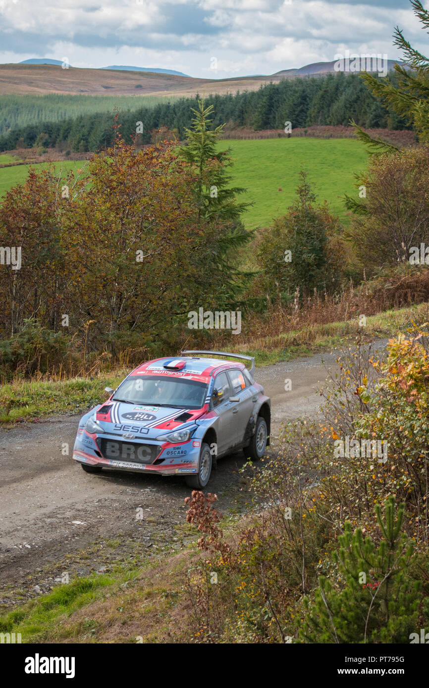 Dyfnant, UK. 6th October 2018. The Hyundai i20 R5 rally car of Pierre-Louis Loubet (France) at speed on the gravel forest roads forming Stage 14 of the 2018 Wales Rally of Great Britain, through the Dyfnant forest near Welshpool, Powys, Wales Credit: Mike Hillman/Alamy Live News Stock Photo