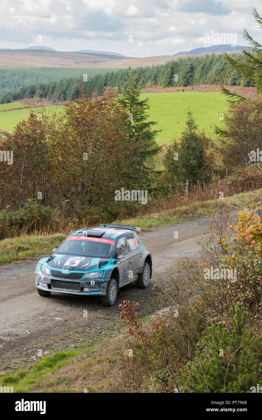 Dyfnant, UK. 6th October 2018. The Skoda Fabia R5 rally car of Lucasz Pieniazek (Poland) at speed on the gravel forest roads forming Stage 14 of the 2018 Wales Rally of Great Britain, through the Dyfnant forest near Welshpool, Powys, Wales Credit: Mike Hillman/Alamy Live News Stock Photo