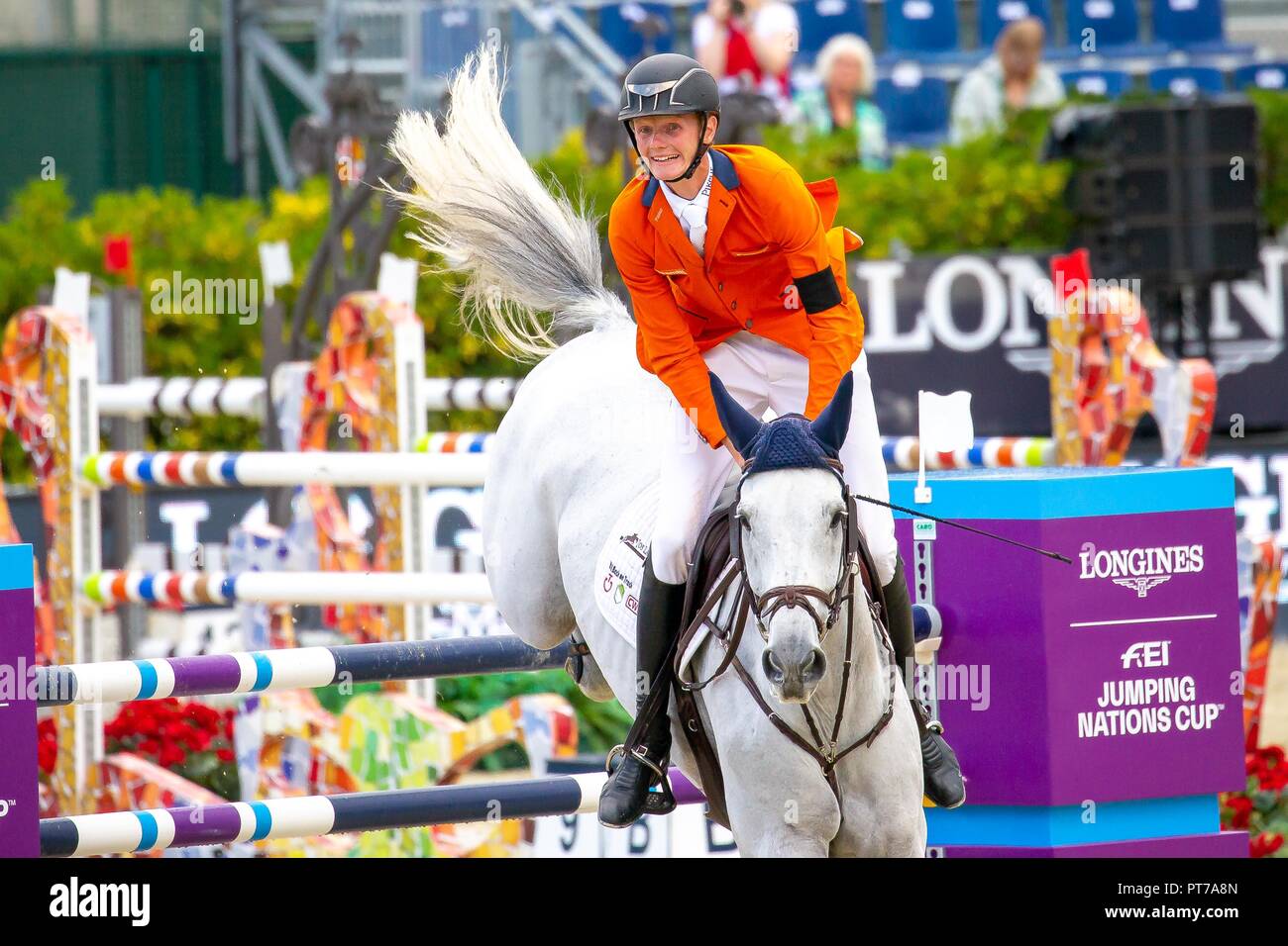 Barcelona, Spain. 7th October 2018. Winner. Frank Schuttert. NED. Riding Claus Dieter. Jump Off. Caixa Bank Trophy.  Longines FEI Jumping Nations Cup Final. Showjumping. Barcelona. Spain. Day 3. 07/10/2018. Stock Photo