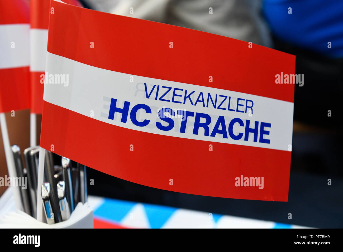 Vienna, Austria. October 7, 2018. Family celebration of the Austrian Vice-Chancellor Heinz Christian Strache FPÖ (Freedom Party Austria), as well as other liberal government members and mandataries. Picture shows Austrian flag with the inscription Vice-Chancellor Heinz Christian Strache. Credit: Franz Perc / Alamy Live News Stock Photo