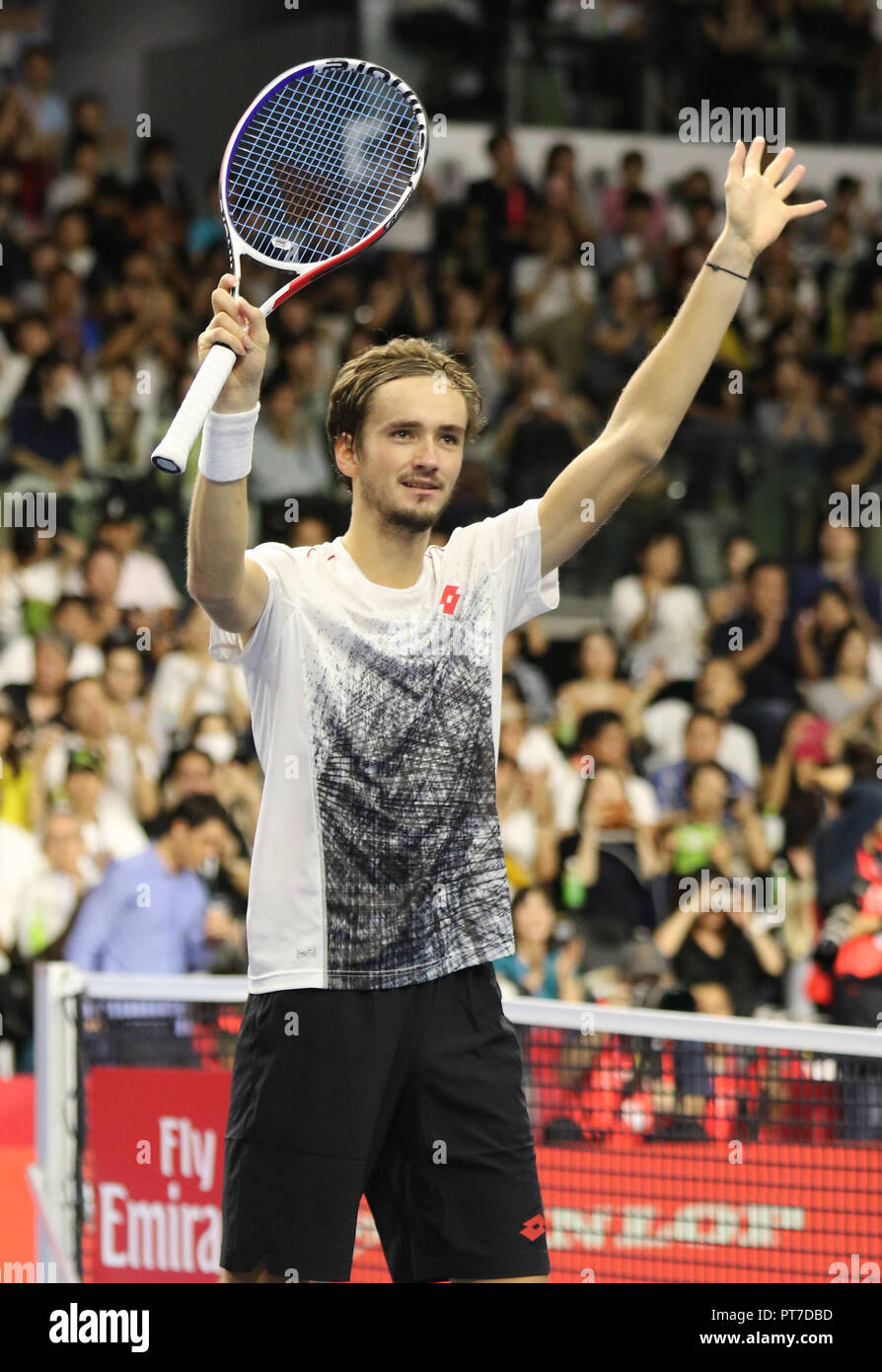 Tokyo, Japan. 6th Oct, 2018. Daniil Medvedev of Russia reacts to audience  after he won the Rakuten Japan Open tennis championships in Tokyo on  Sunday, October 7, 2018. Medvedev defeated Kei Nishikori