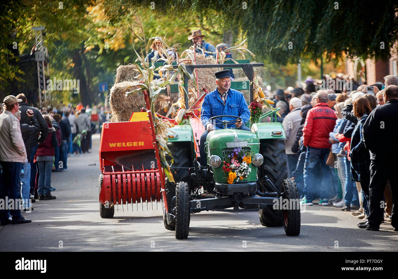 Mecklenburg-Vorpommern, Germany. 7th Oct 2018.  decorated historical tractors and agricultural machines drive during the parade to the national harvest festival. Around 350 participants from the church, associations, federations, agricultural enterprises, research and science took part in the parade under the motto 'The ear of honour'. Photo: Thomas Häntzschel/dpa Credit: dpa picture alliance/Alamy Live News Stock Photo