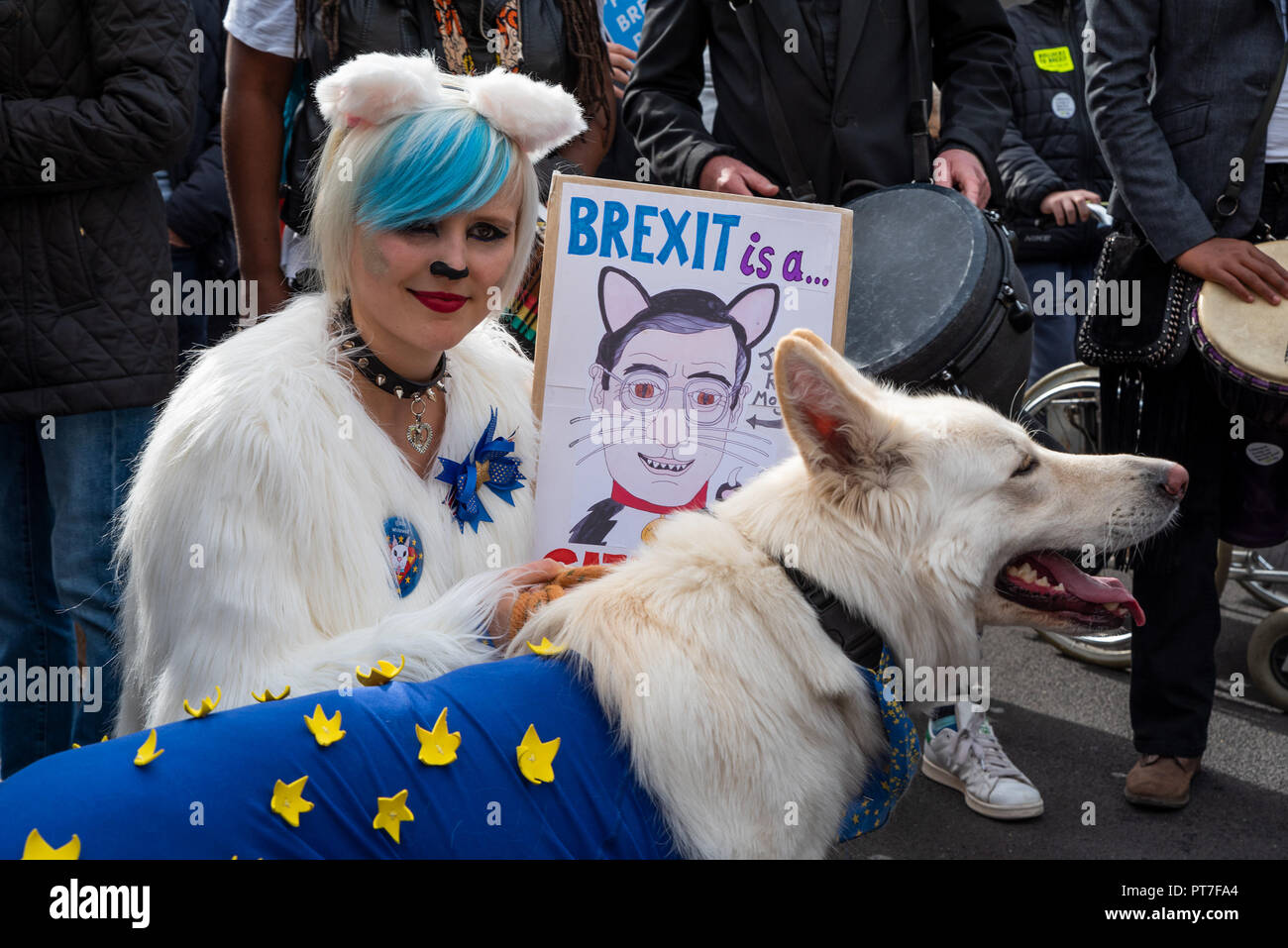 London, UK. 7th October 2018. Wooferendum, dogs marching against Brexit. Dogs against Brexit walked through central London, from Waterloo Place to Parliament Square. Dog owners are concerned that Brexit is likely to do away with the EU Pet Passport scheme, create a shortage of skilled vets and increase the cost of pet food. Credit: Stephen Bell/Alamy Live News. Stock Photo