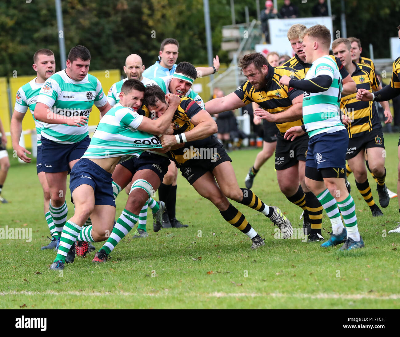 Leicester, England. Rugby Union, Hinckley rfc v South Leicester rfc.      Josh Smith goes over for Hinckley after 15 minutes  during the RFU National League 2 North (NL2N) game played at the Leicester  Road Stadium.  © Phil Hutchinson / Alamy Live News Stock Photo