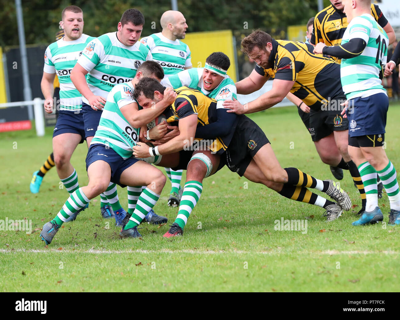 Leicester, England. Rugby Union, Hinckley rfc v South Leicester rfc.      Josh Smith goes over for Hinckley after 15 minutes  during the RFU National League 2 North (NL2N) game played at the Leicester  Road Stadium.  © Phil Hutchinson / Alamy Live News Stock Photo