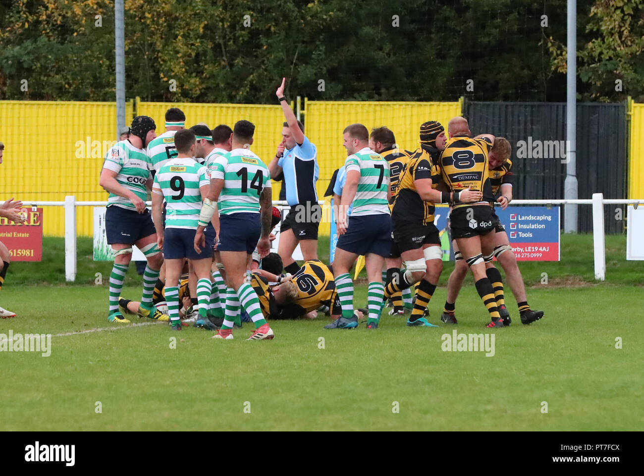 Leicester, England. Rugby Union, Hinckley rfc v South Leicester rfc.   Gareth Turner appears from below a push-over try for Hinckley after 44 minutes    during the RFU National League 2 North (NL2N) game played at the Leicester  Road Stadium.  © Phil Hutchinson / Alamy Live News Stock Photo