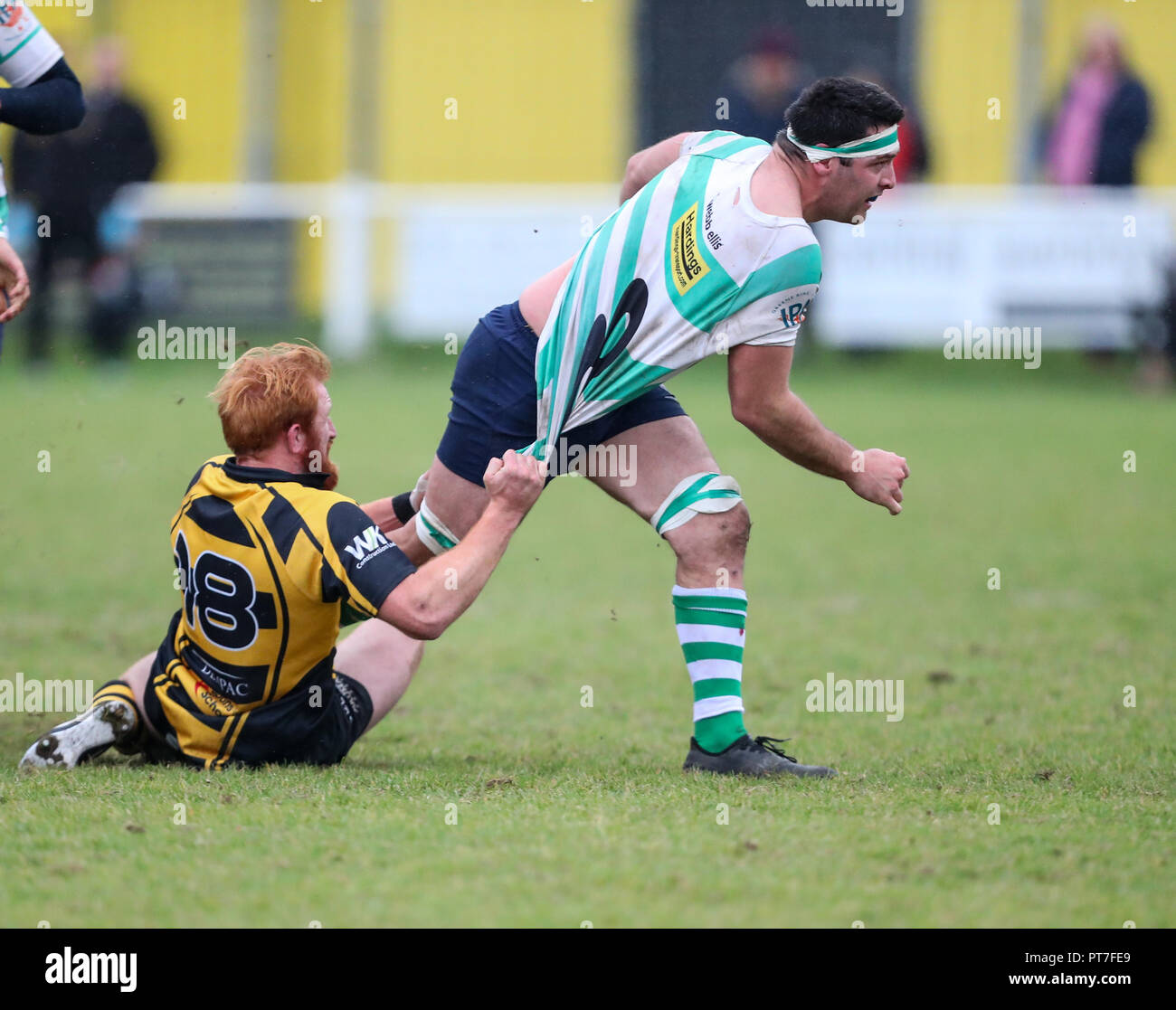 Leicester, England. Rugby Union, Hinckley rfc v South Leicester rfc.   Dan Ireland (South Leicester)  is tackled by Jamie Skerritt (Hinckley) during the RFU National League 2 North (NL2N) game played at the Leicester  Road Stadium.  © Phil Hutchinson / Alamy Live News Stock Photo