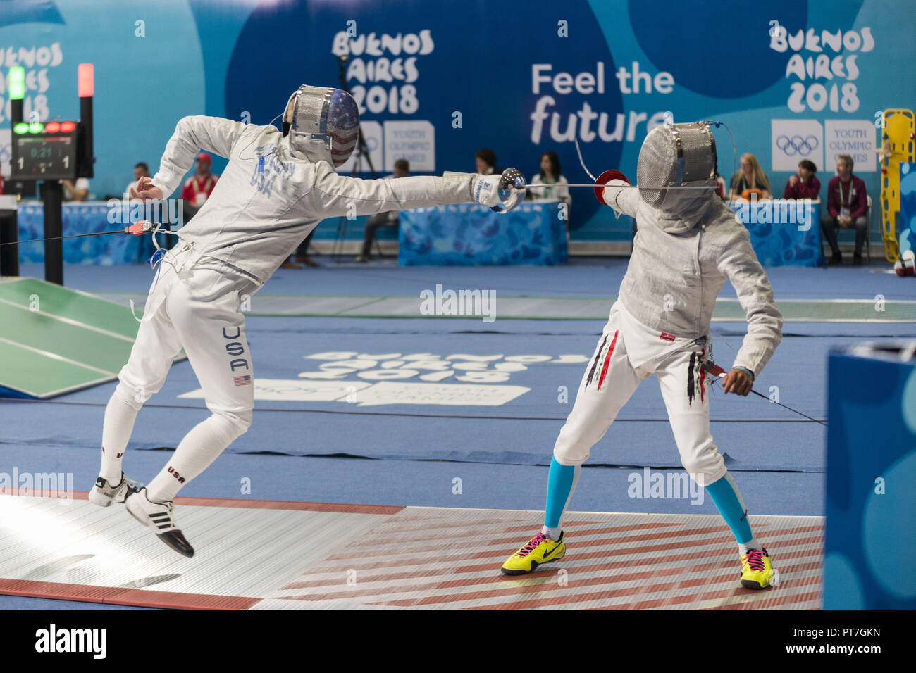 City Of Buenos Aires, City of Buenos Aires, Argentina. 7th Oct, 2018. SPORT. City of Buenos Aires, Argentina - 2018, October 7.- VIDOVSZKY ROBERT, USA, competes with MAHBAS MAHDI, Iraq, in MenÂ´s Individual Sabre in fencing on day one of Buenos Aires 2018 Youth Olympic Games at Youth Olympic Park on October 7, 2018 in City of Buenos Aires, Argentina. Credit: Julieta Ferrario/ZUMA Wire/Alamy Live News Stock Photo