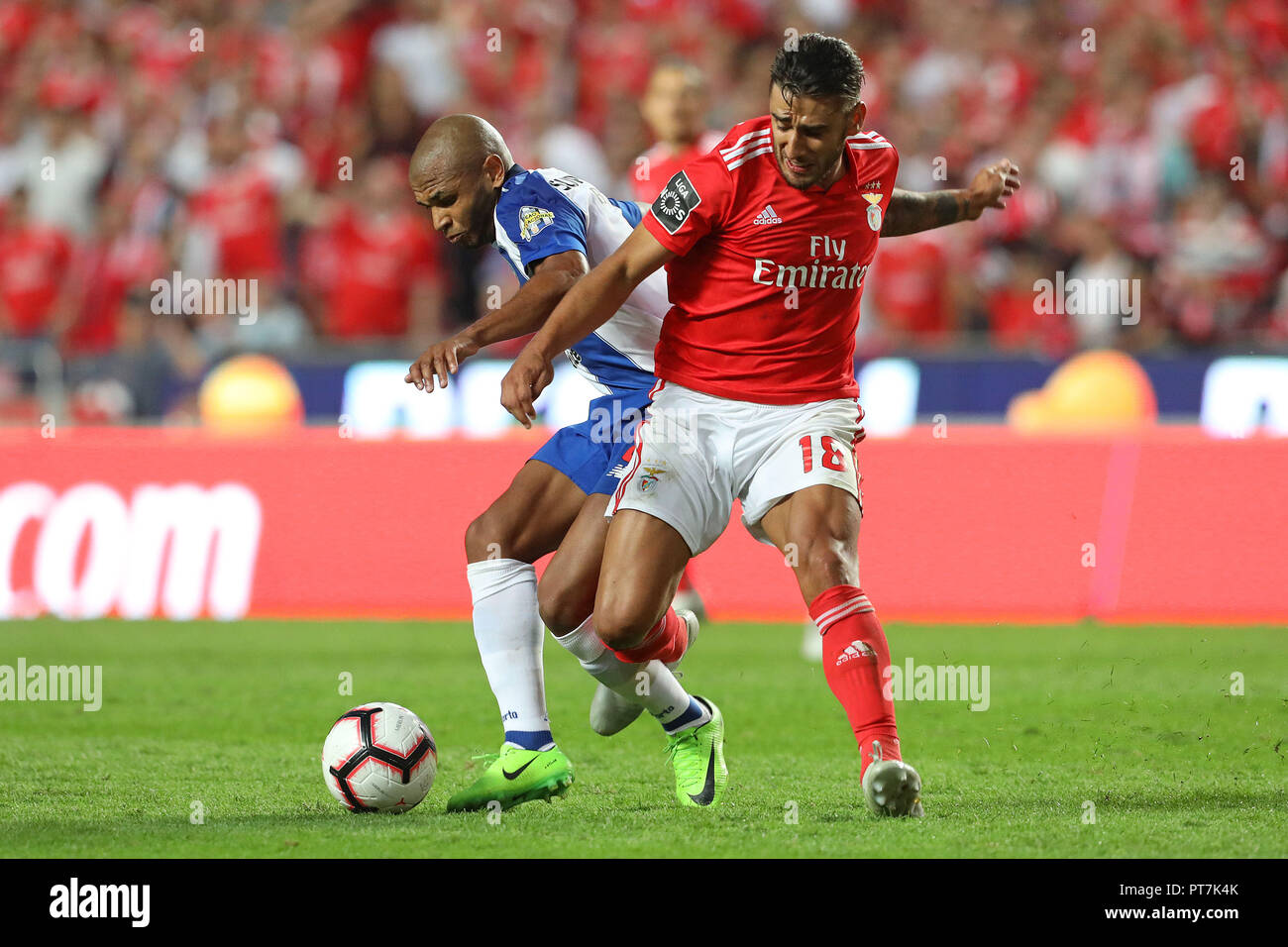 Lisbon, Portugal, Portugal. 7th Oct, 2018. Yacine Brahimi of FC Porto (L) with Toto Salvio of SL Benfica (R) seen in action during League NOS 2018/19 football match between SL Benfica vs FC Porto.(Final score: SL Benfica 1-0 FC Porto. Credit: David Martins/SOPA Images/ZUMA Wire/Alamy Live News Stock Photo