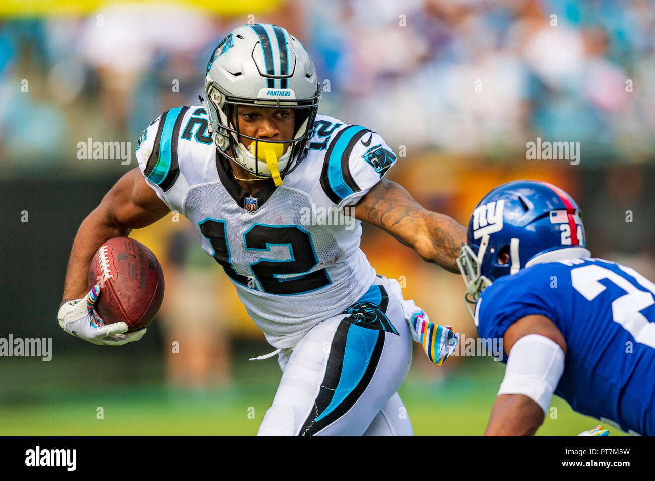 Charlotte, USA. 7th Oct 2018. Carolina Panthers wide receiver DJ Moore (12)  during the NFL football game between the New York Giants and the Carolina  Panthers on Sunday October 7, 2018 in