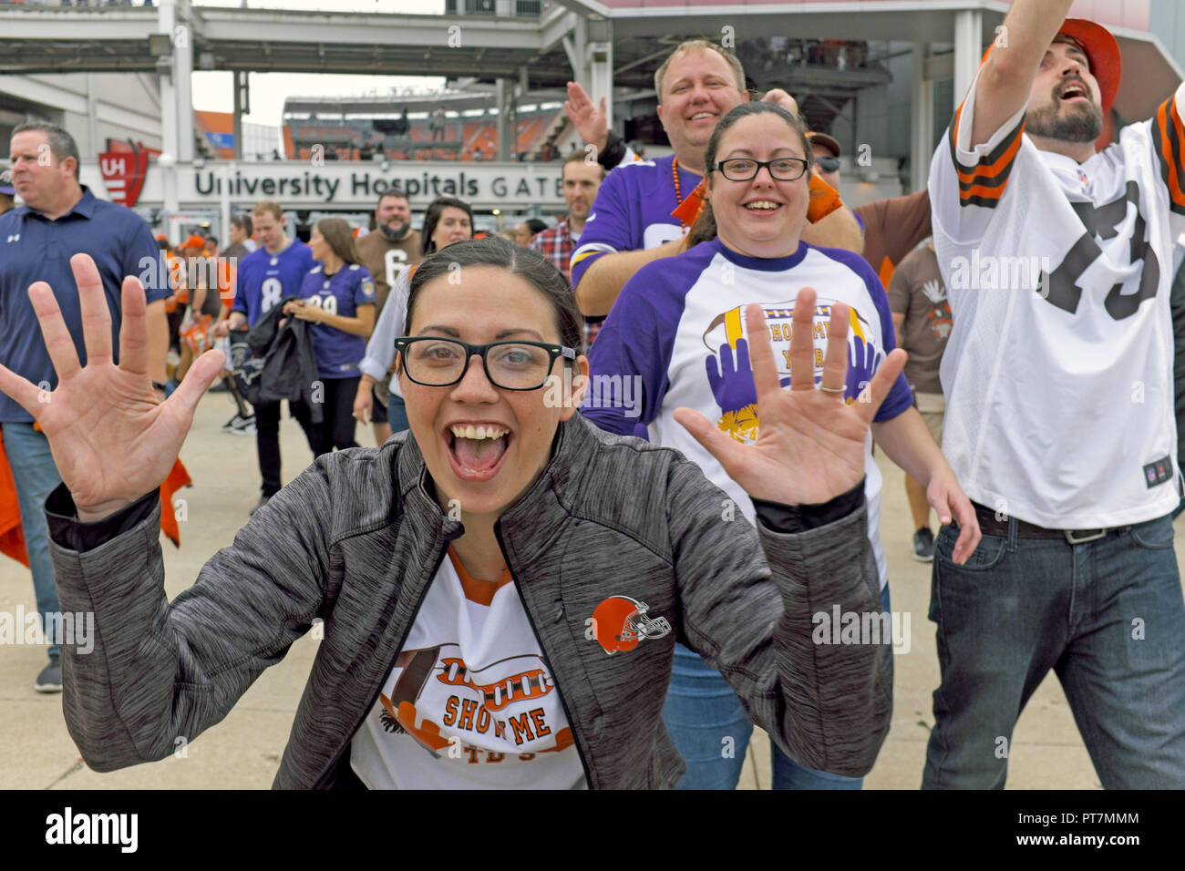 Cleveland, Ohio, USA, 7 Oct, 2018.  Jubilant Cleveland Browns fan celebrates an overtime win over the Baltimore Ravens at FirstEnergy Stadium in Cleveland, Ohio, USA.  The win marks the Browns second this season with the final score breing 12-9.  Credit: Mark Kanning/Alamy Live News. Stock Photo
