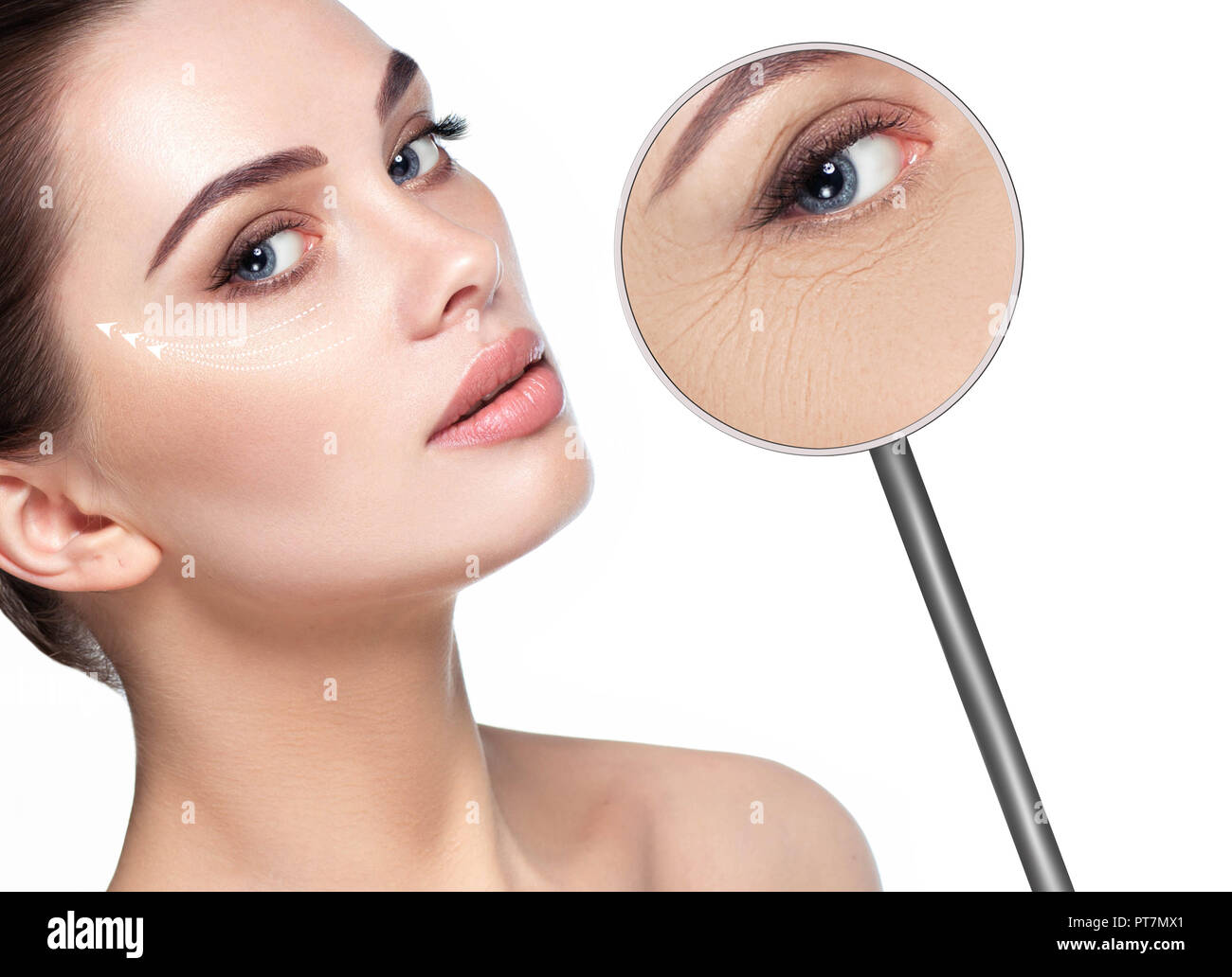 magnifying glass showing Wrinkles around the eyes Stock Photo Alamy