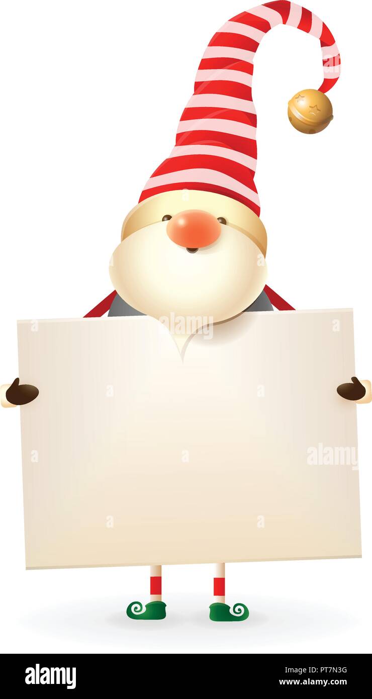 Christmas Gnome holds signboard - white stripes on red hat Stock Vector