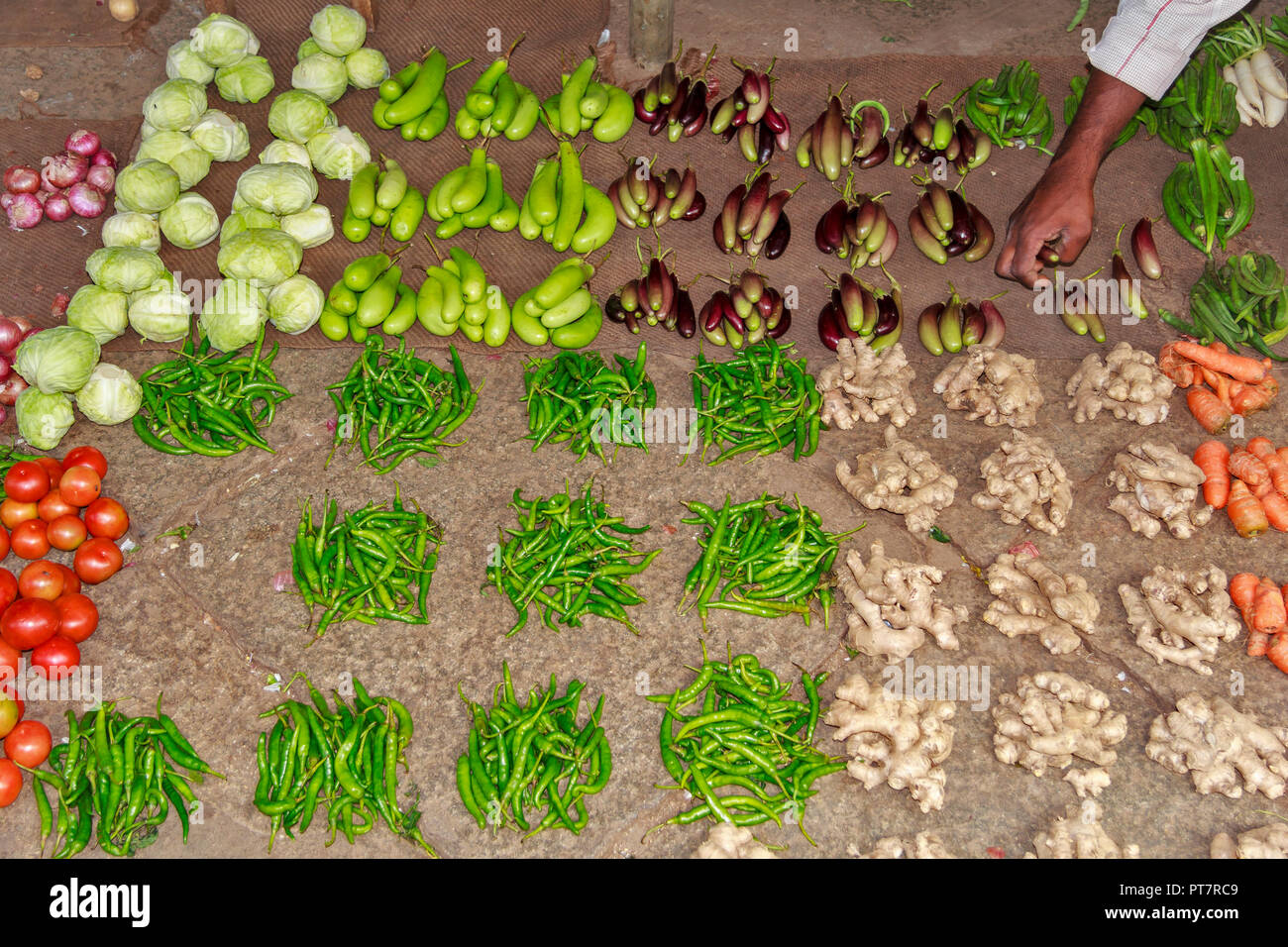 STREET STALL A PLENTIFUL SELECTION OF VEGETABLES SET OUT IN ROWS INDIA Stock Photo