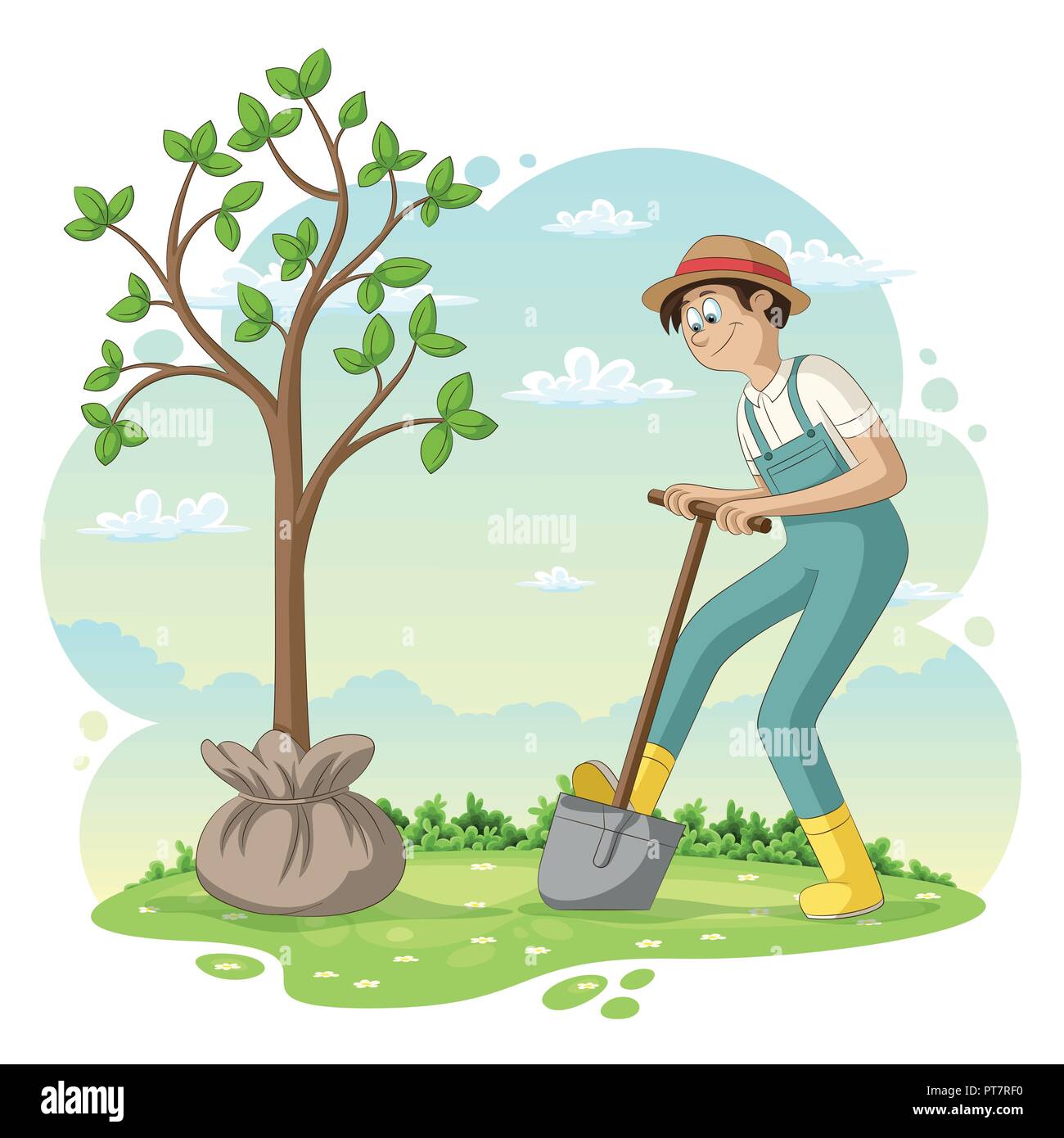 Young man is planting a tree, vector illustration Stock Vector