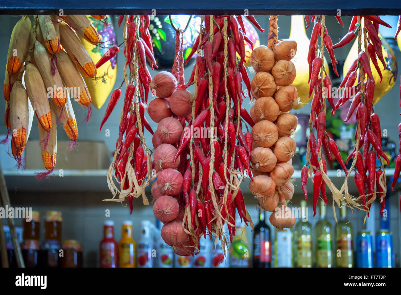 Dried paprikas and garlic strings at the Central market hall in