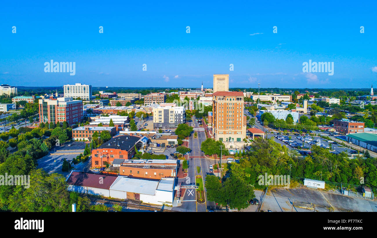 Drone Aerial of the Downtown Spartanburg, South Carolina, USA Skyline