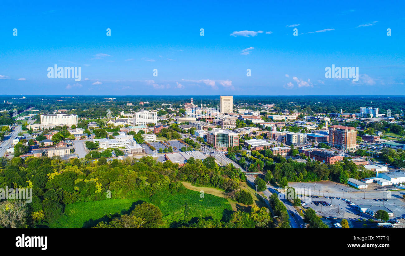 Drone Aerial of Spartanburg, South Carolina, USA Skyline Stock Photo