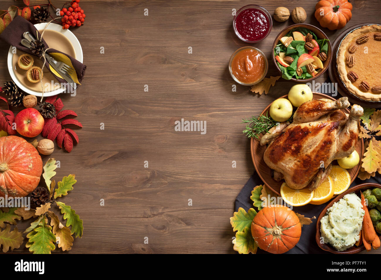 Thanksgiving dinner background with turkey and all sides dishes