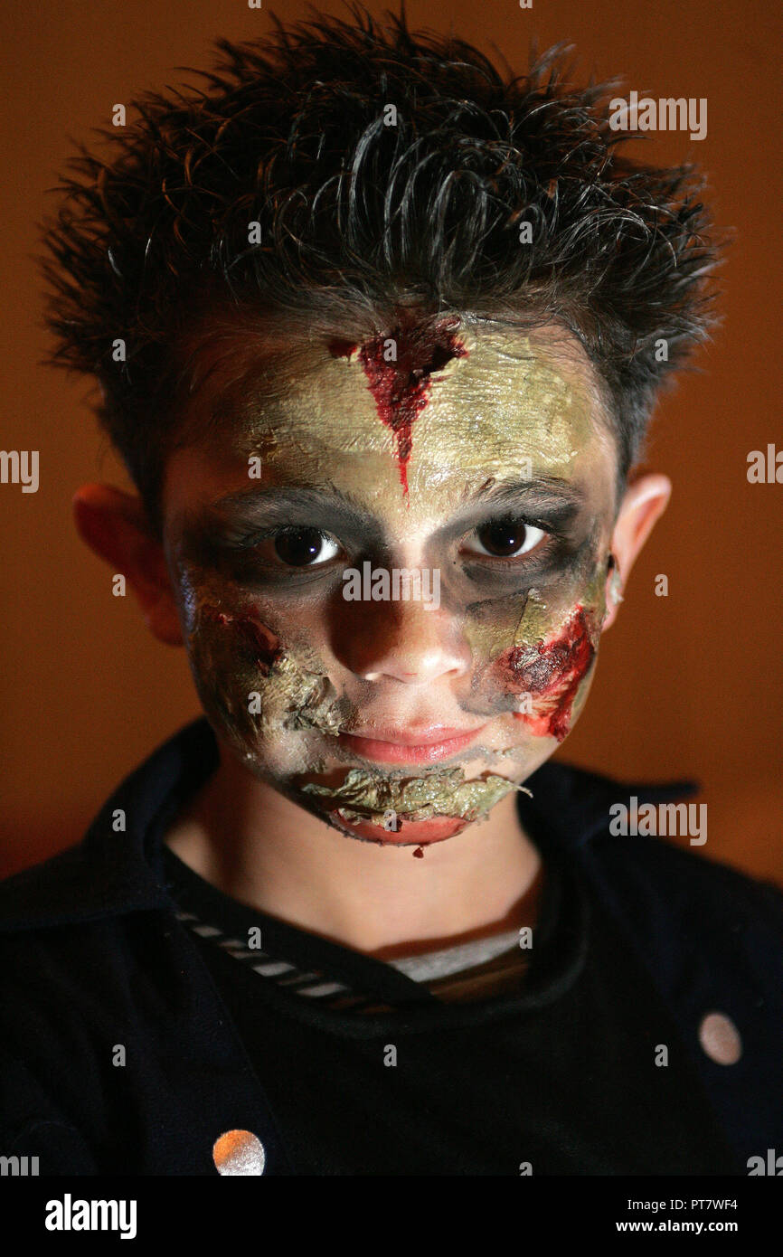 Young boy wearing home made Halloween Costume Stock Photo
