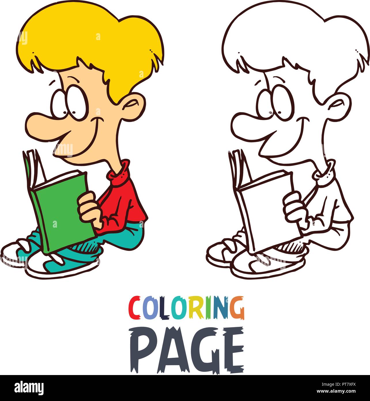 young boy reading book cartoon coloring page Stock Vector