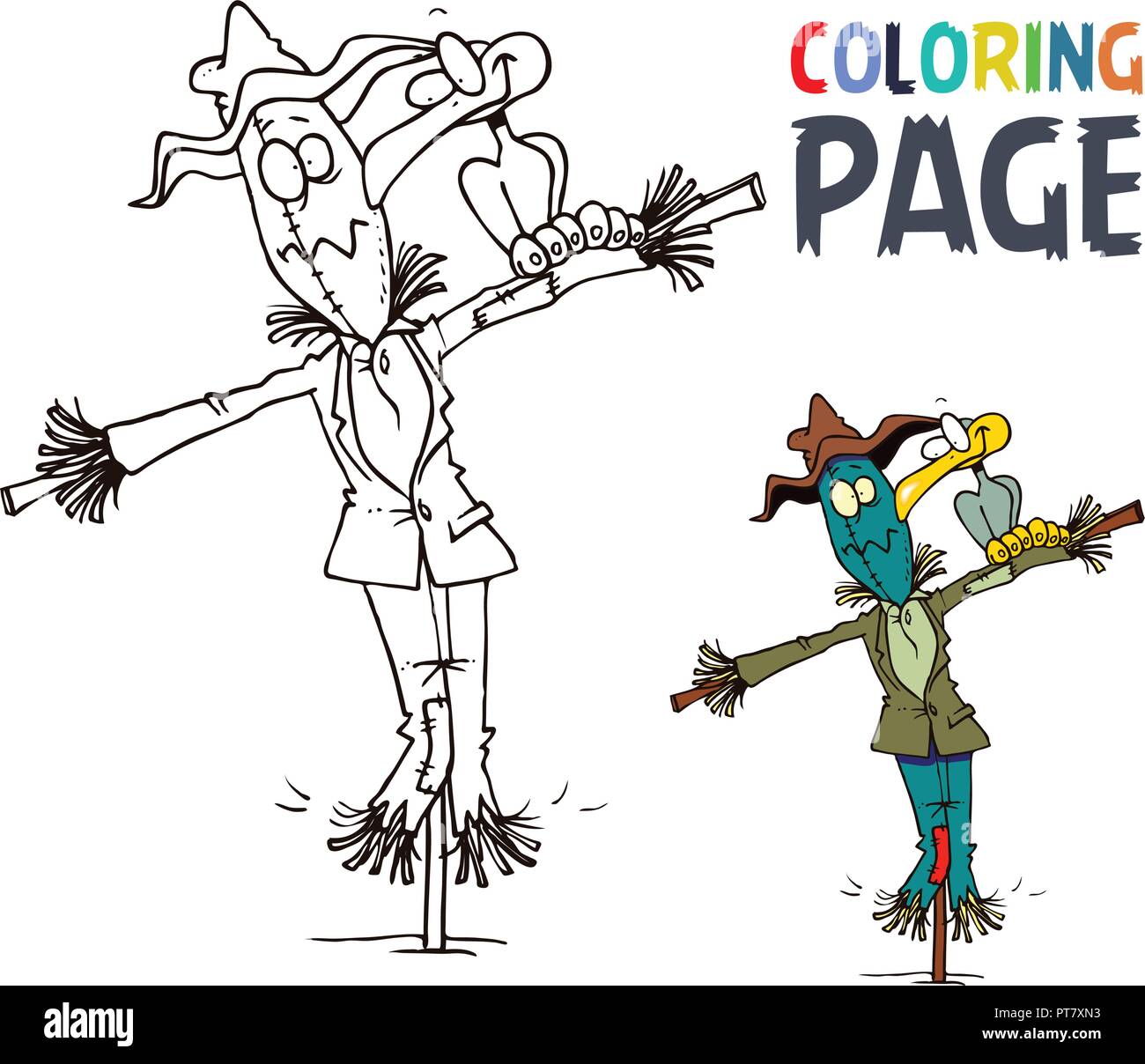 Scarecrow and bird cartoon coloring page Stock Vector