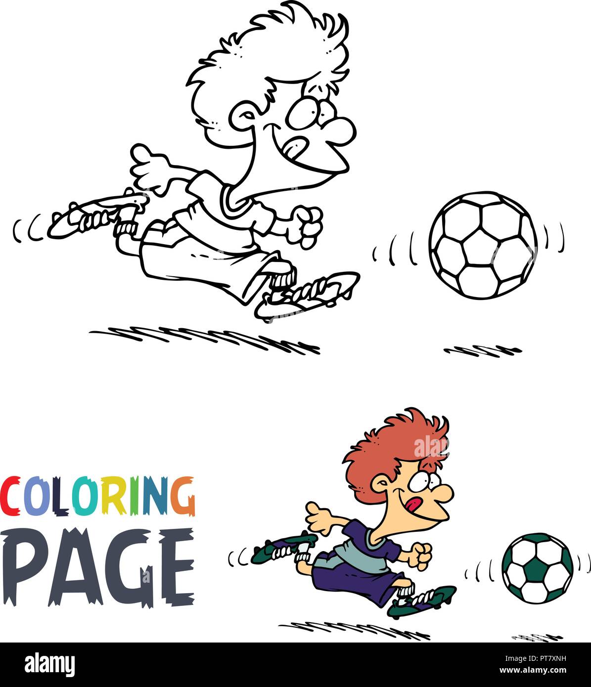 boy playing football cartoon coloring page Stock Vector