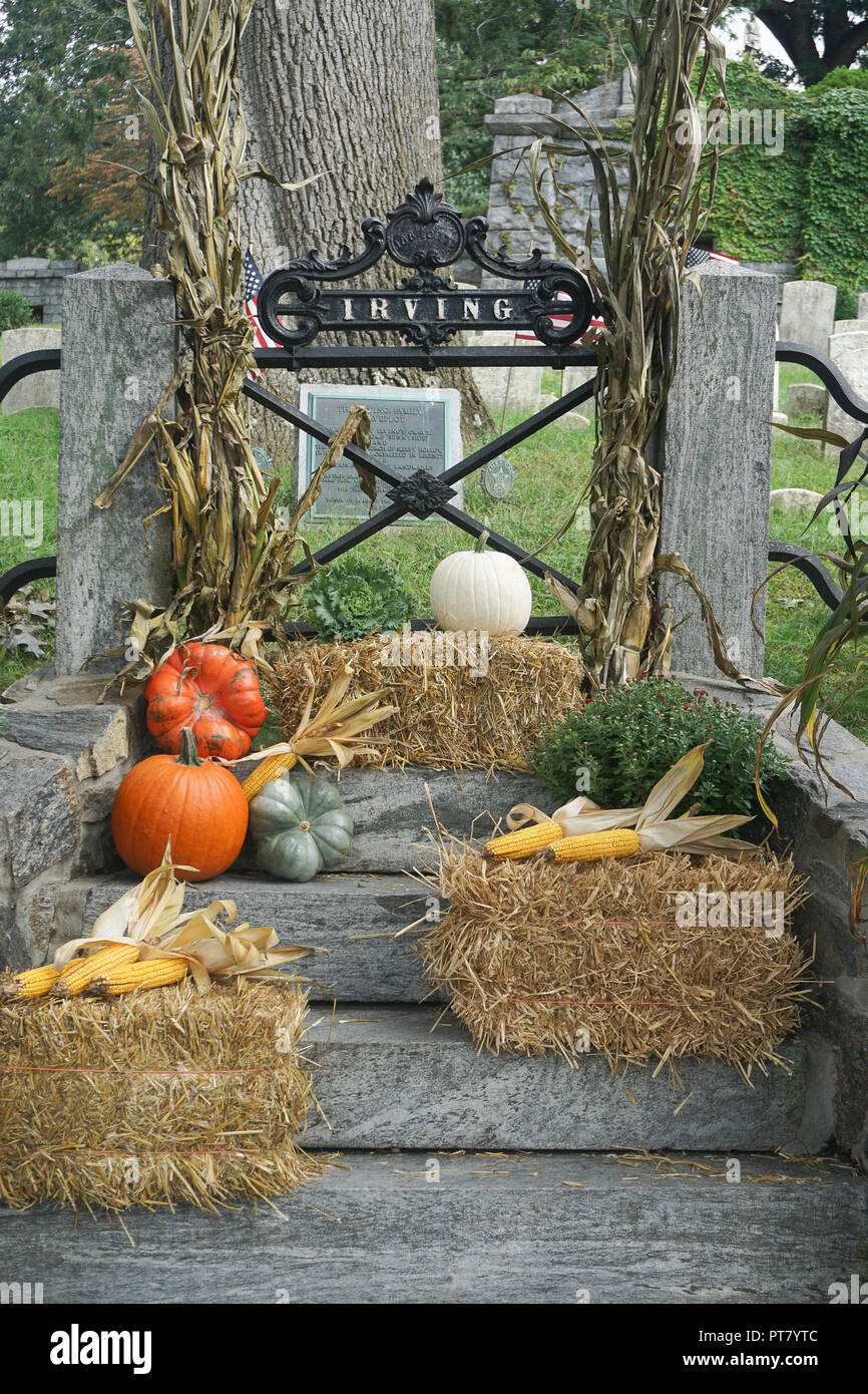 Decorations at the Irving family plot in the Sleepy Hollow Cemetery