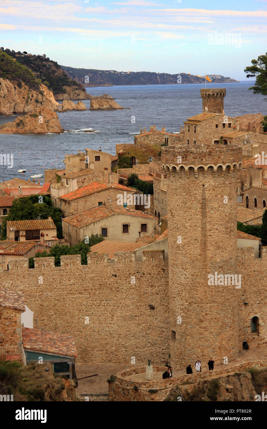 The old castle ruins at the Spanish  seaside coastal resort of Tossa de Mar Spain on the Costa Brava Stock Photo