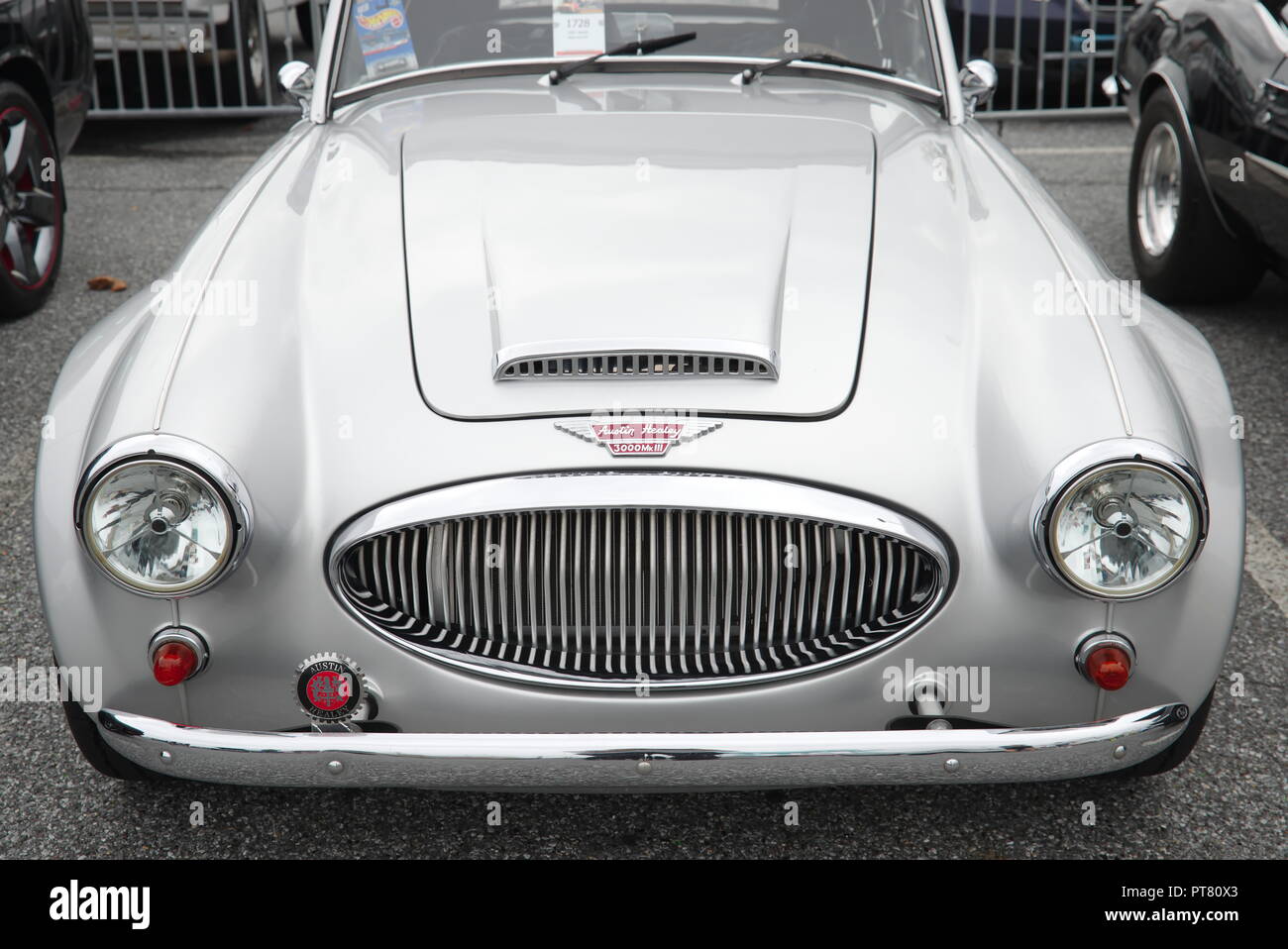 Silver Austin Healey 3000 Mk3 on display at the Ocean City Convention Center, Ocean City, Maryland, USA. Stock Photo