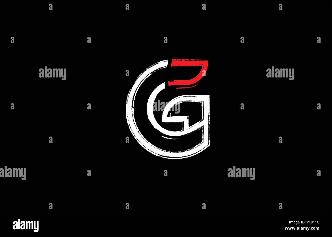 grunge alphabet letter g logo design in white red and black colors ...