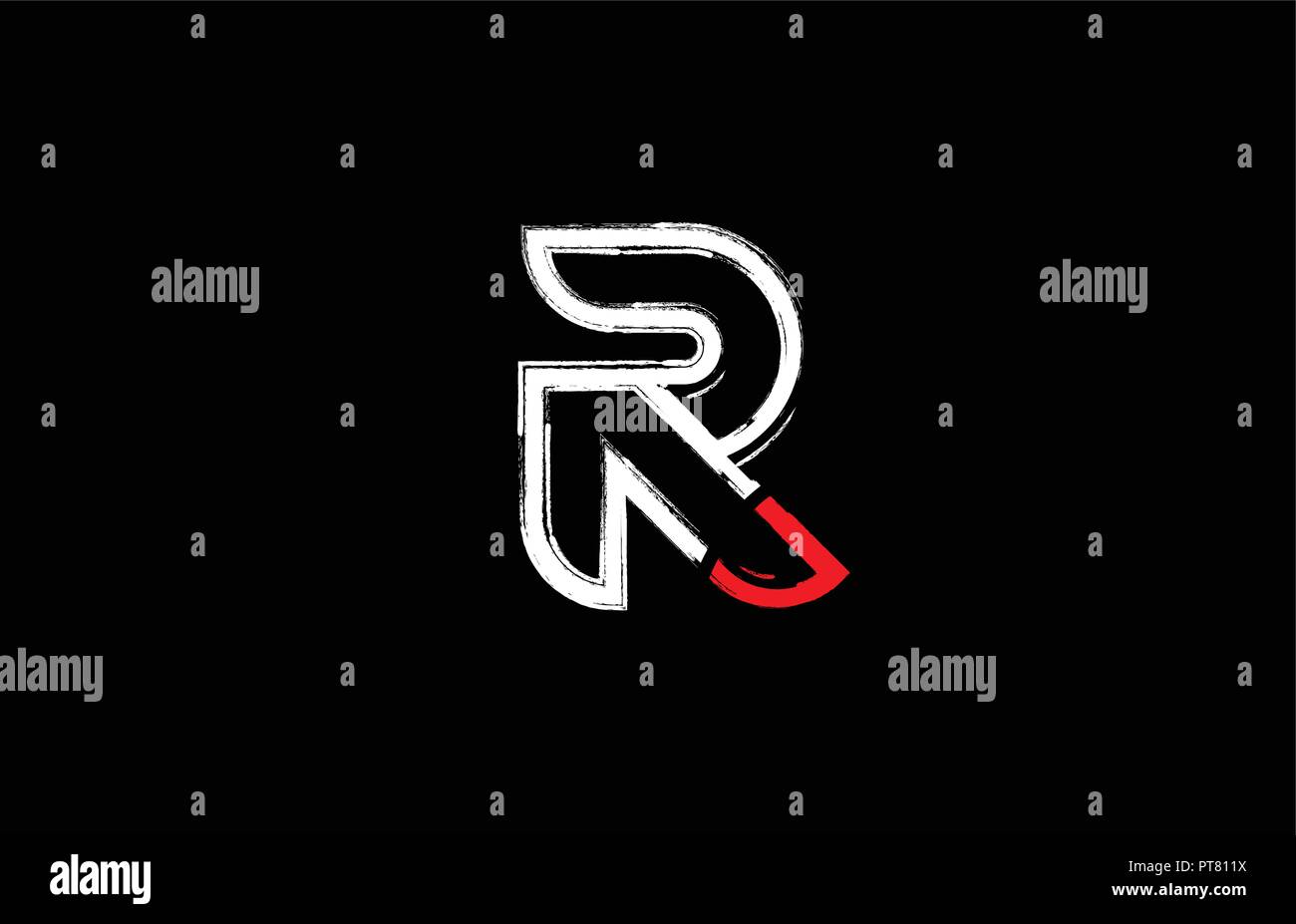 grunge alphabet letter r logo design in white red and black colors ...