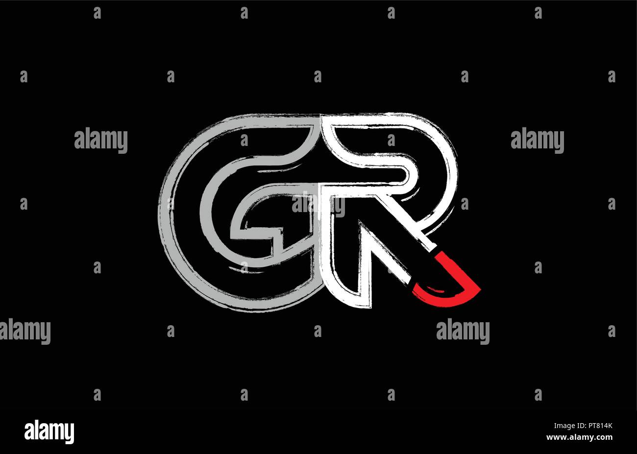 grunge alphabet letter combination gr g r logo design in white red and ...