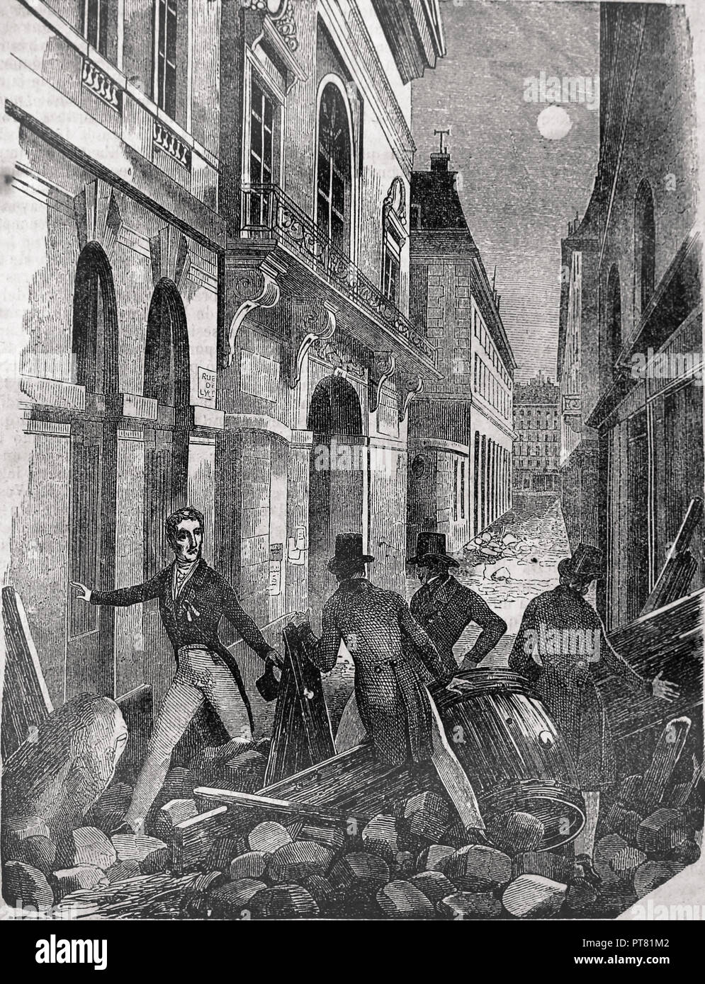 French. July Revolution, 1830. Marquis de Lafayette visiting the barricades. Engraving, 19th century. Stock Photo
