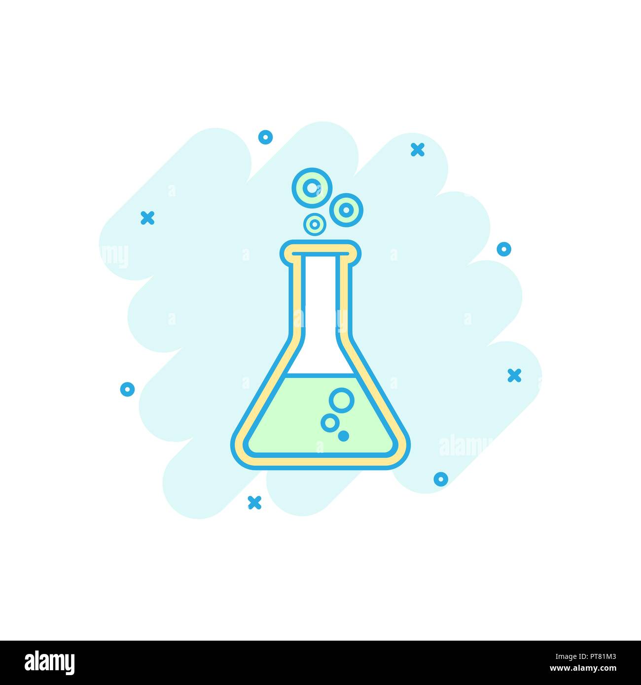 Cartoon colored chemical test tube icon in comic style. Laboratory glassware or beaker equipment illustration pictogram. Experiment flasks sign splash Stock Vector