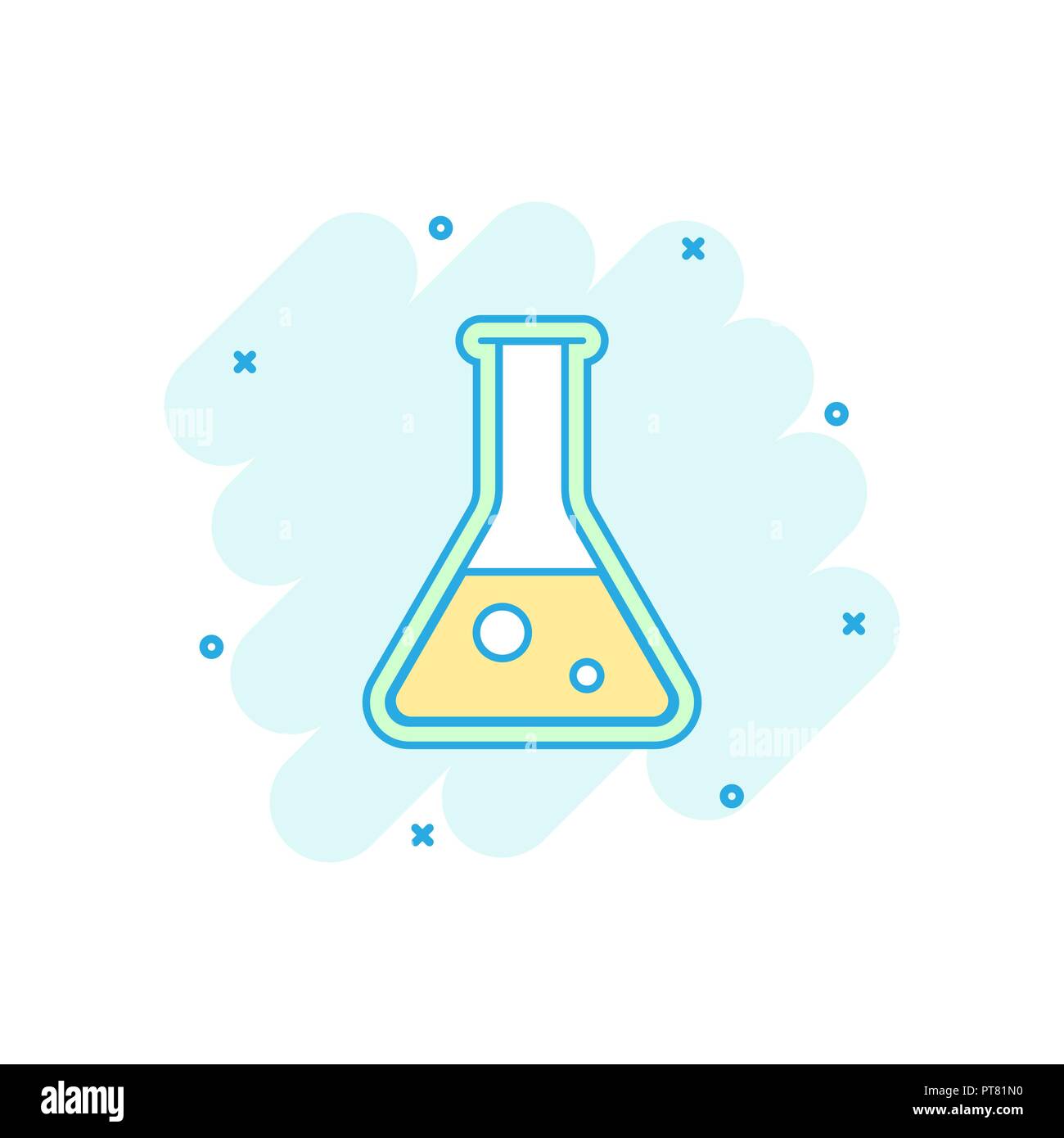 Cartoon colored chemical test tube icon in comic style. Laboratory glassware or beaker equipment illustration pictogram. Experiment flasks sign splash Stock Vector