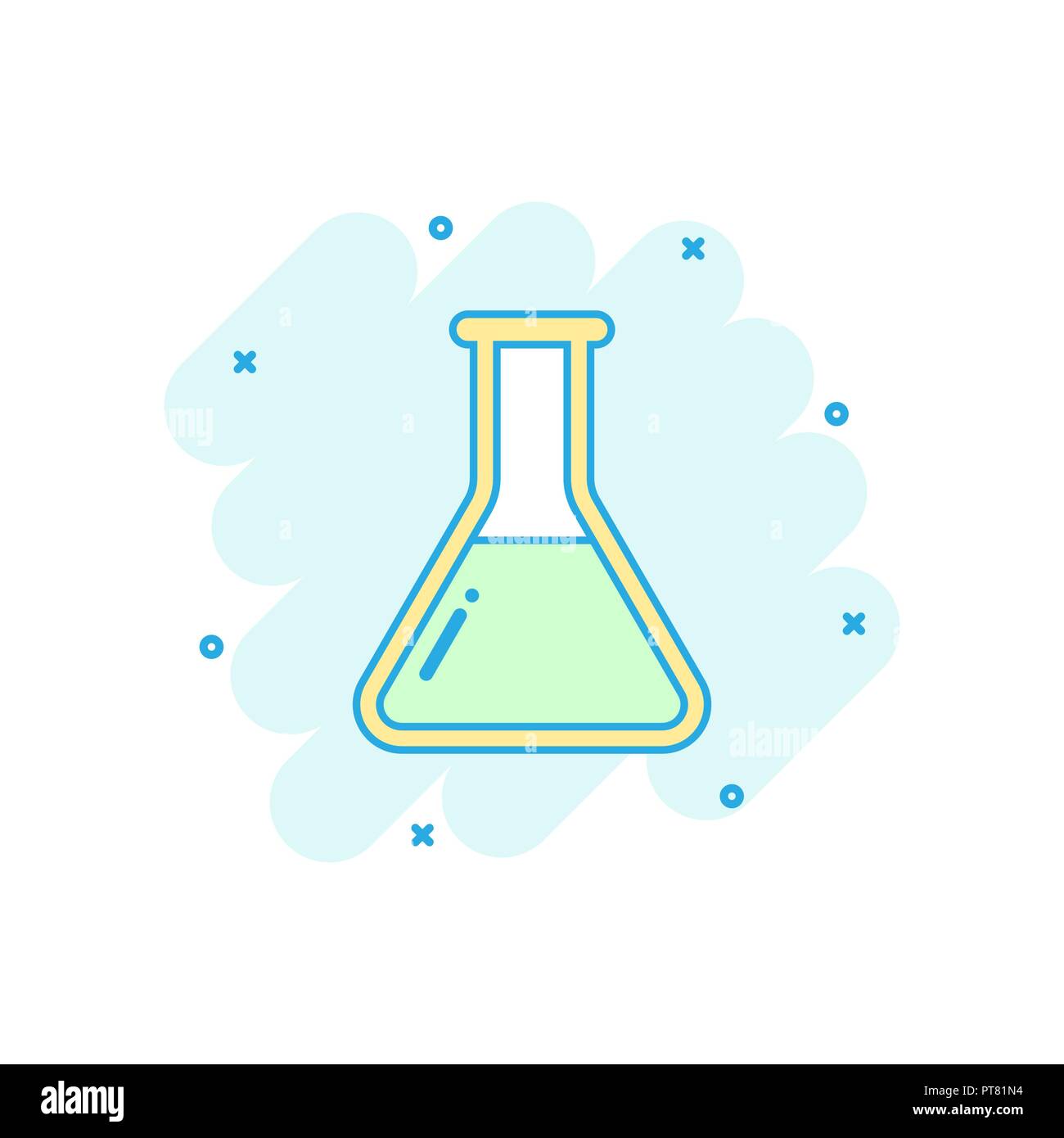 Cartoon colored chemical test tube icon in comic style. Laboratory glassware or beaker equipment illustration pictogram. Experiment flasks sign splash Stock Vector