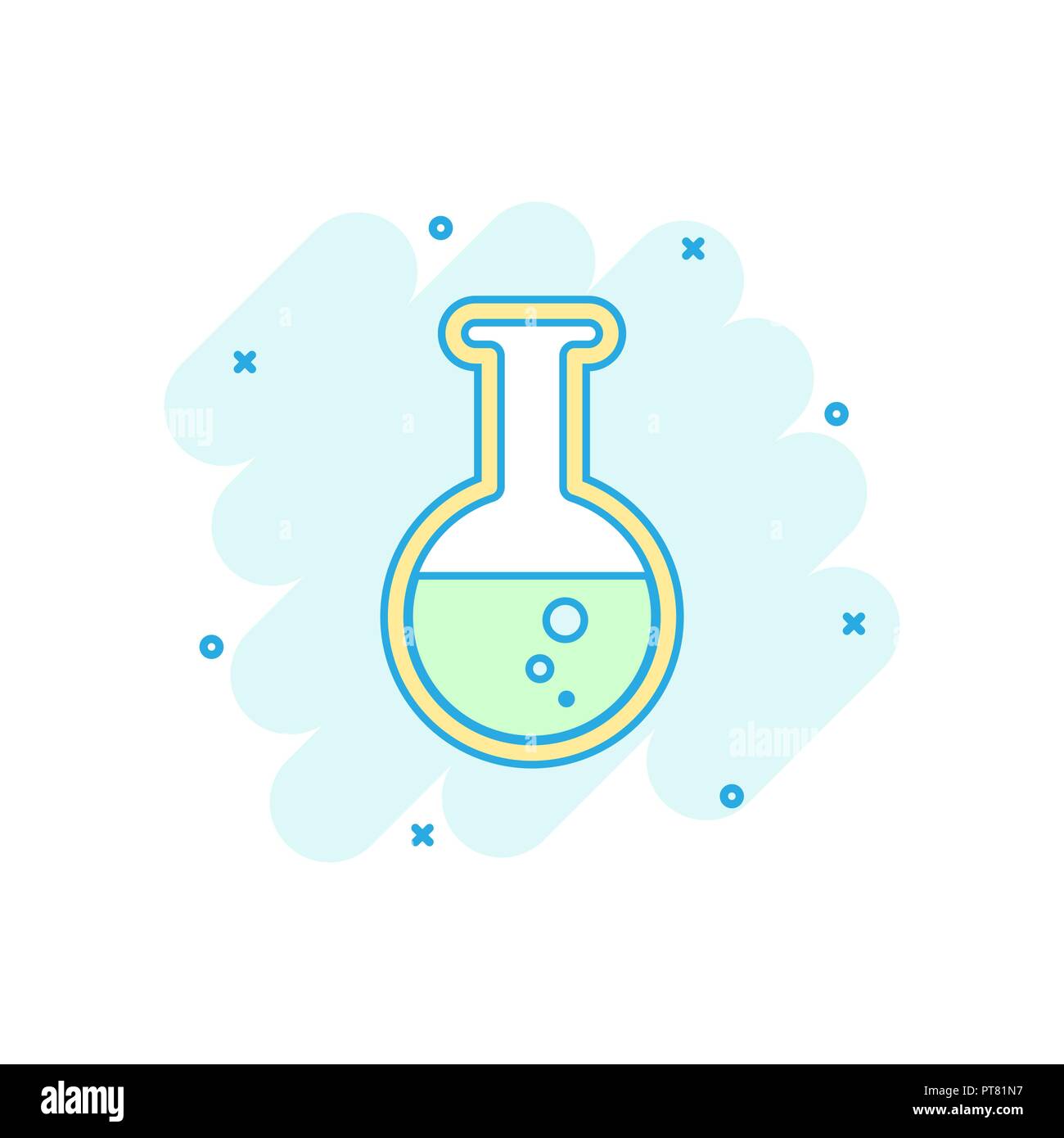 Cartoon colored chemical test tube icon in comic style. Laboratory glassware or beaker equipment illustration pictogram. Experiment flasks sign splash Stock Vector