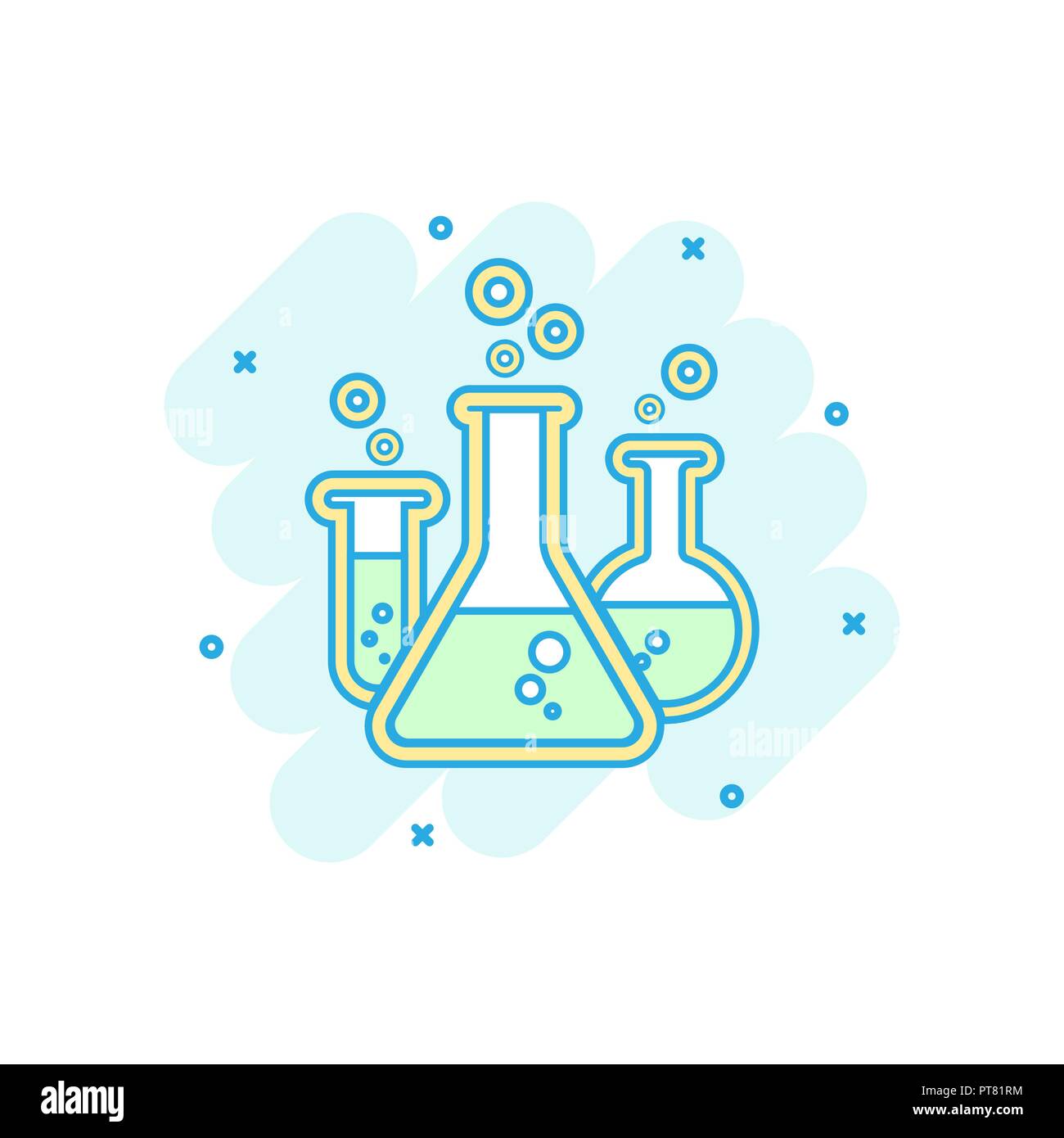 Cartoon colored chemical test tube icon in comic style. Laboratory glassware or beaker equipment illustration pictogram. Experiment flasks sign splash Stock Vector