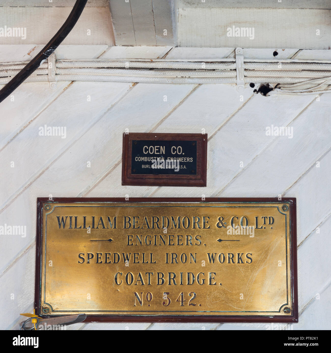 Brass plaque of the steam engine builder which powers the SS Master