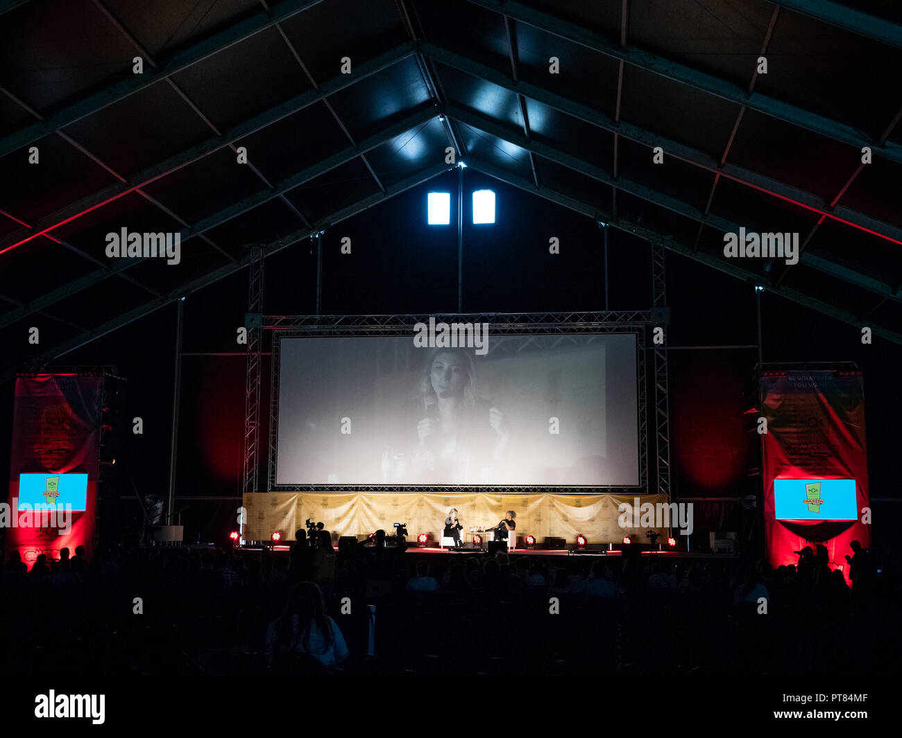 'Happy!' tv actor Joseph D. Reitman and 'Altered Carbon' tv actress Dichen Lachman attend a panel at Comic Con Portugal 2018 in Passeio Maritimo de Alges  Featuring: Joseph D. Reitman, Dichen Lachman Where: Alges, Portugal When: 06 Sep 2018 Credit: Rui M Leal/WENN.com Stock Photo