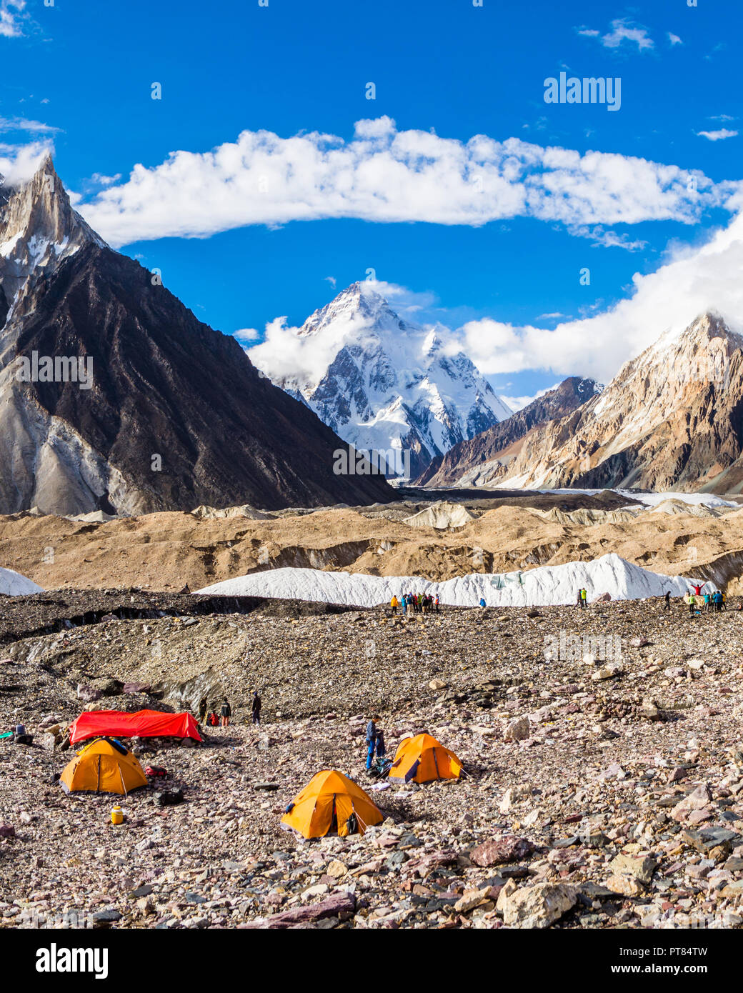 K2 mountain from Concordia campsite, Karakoram, Pakistan Stock Photo