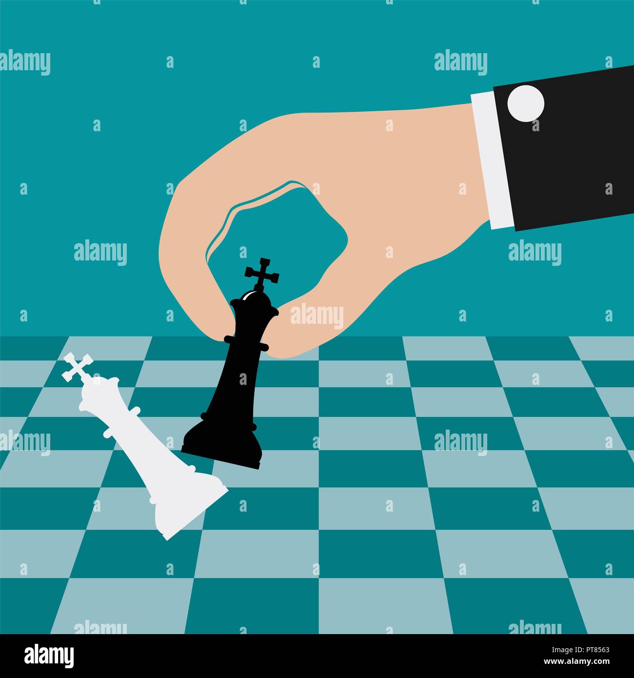 vector illustration of playing chess game and defeating the king. business concept of strategy success. hand holding king chess piece Stock Vector