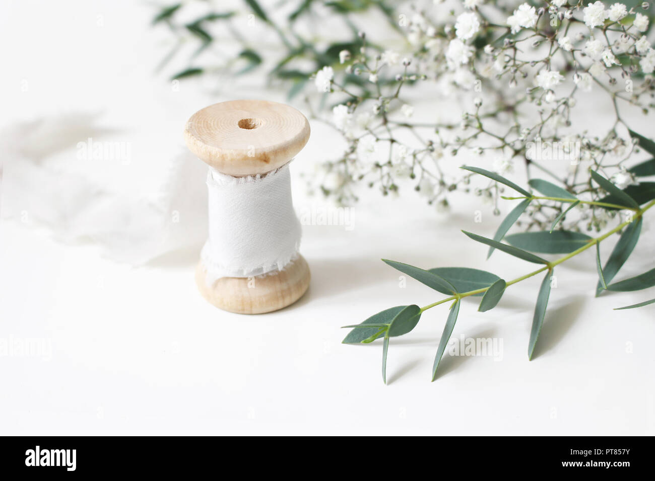 Feminine floral scene. Close-up of spool of silk ribbon, Eucalyptus parvifolia leaves and babys breath Gypsophyla flowers on a white table background. Wedding styled stock photography. Selective focus Stock Photo
