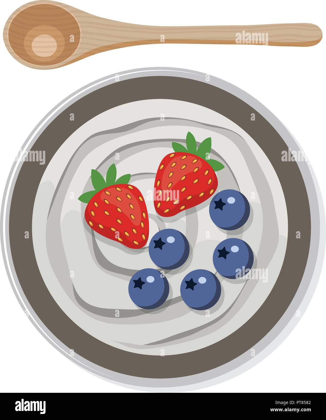 vector greek yogurt in a bowl with wooden spoon isolated on white background. white homemade cream with strawberry and blueberry fruits, top view. bro Stock Vector