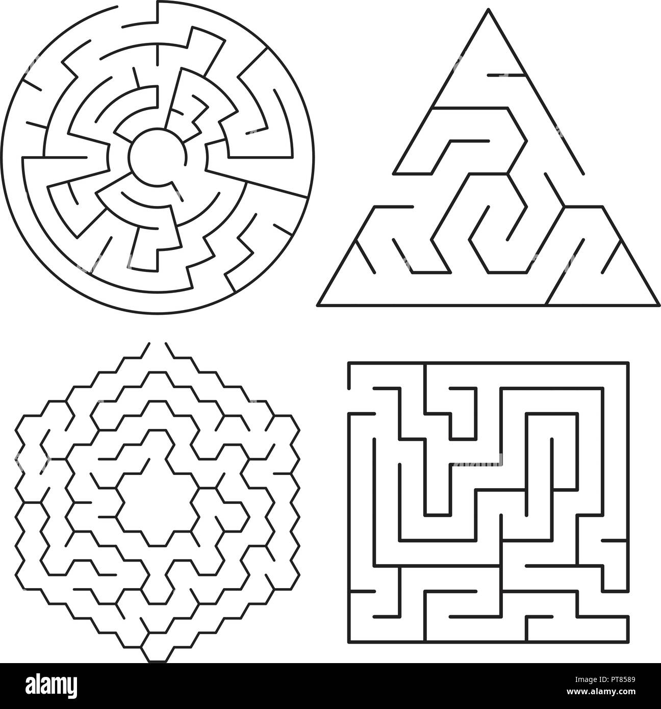 vector maze puzzles collection isolated on white background. abstract labyrinth graphic of round, square, triangular and hexagonal shapes. find a way  Stock Vector