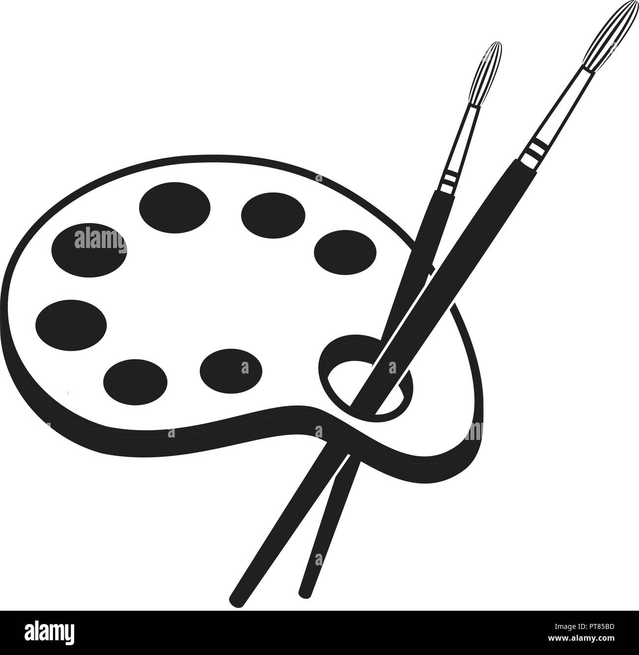 vector wooden art palette with blobs of paint and brushes isolated on