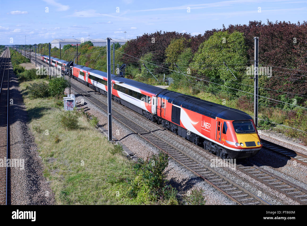 LNER HST InterCity 125 headed by 43309 heads 1A33 1345 Leeds to London Kings Cross service through Werrington Junction on the East Coats Mainline on 2 Stock Photo